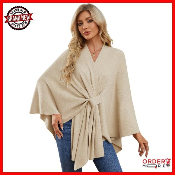 Sweaters - Soft Double Knit Poncho Shawl Wrap Open Front One Size Fits Most